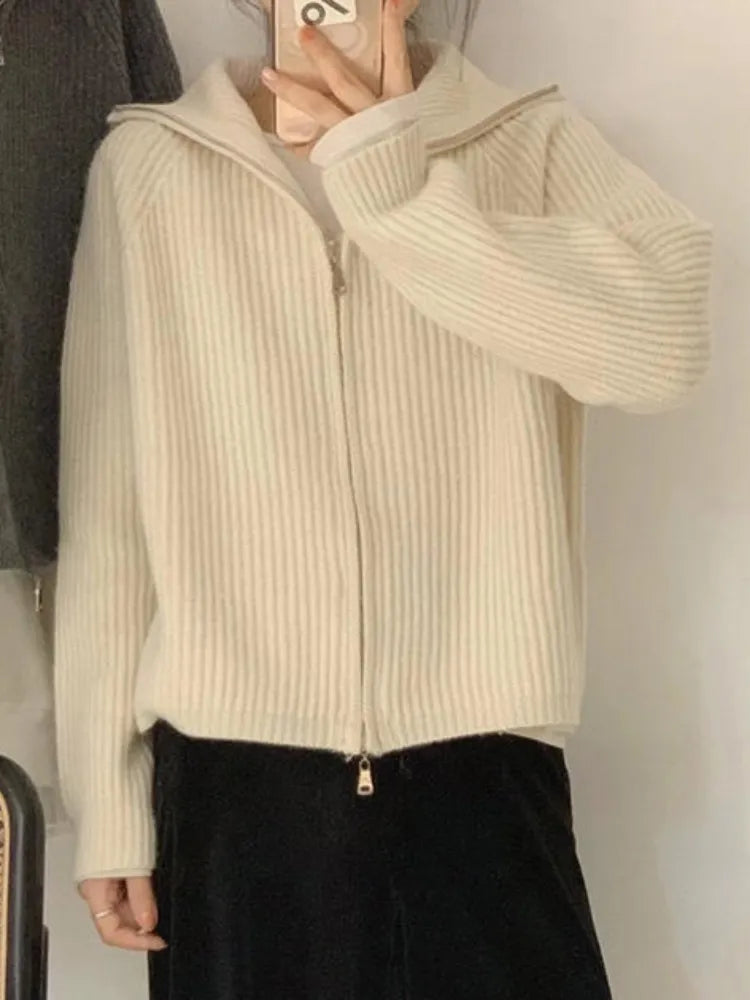 Getadme Casual Knitted Cardigan Sweaters Women Autumn Vintage Zip-up Solid Loose Long Sleeve Tops Knitwear Chic Kpop