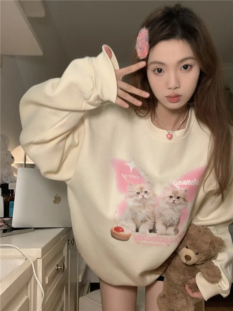 Getadme Chic Sweet O-neck Printed Hoodie Women Aesthetic Cartoon Kawaii Clothes Loose Casual Long Sleeve Y2k Top Harajuku Sweatshirts