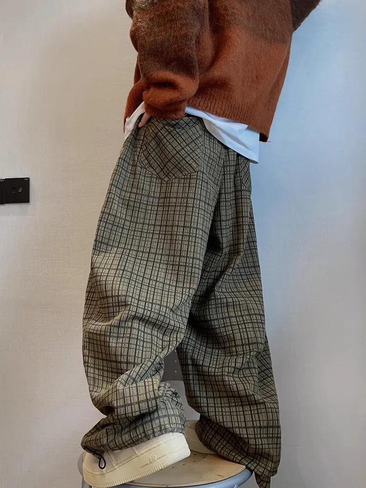 GETADME Mauroicardi Spring Autumn Cool Oversized Long Flowy Baggy Wide Leg Pants for Mens Streetwear Loose Plaid Canvas Trousers 2025