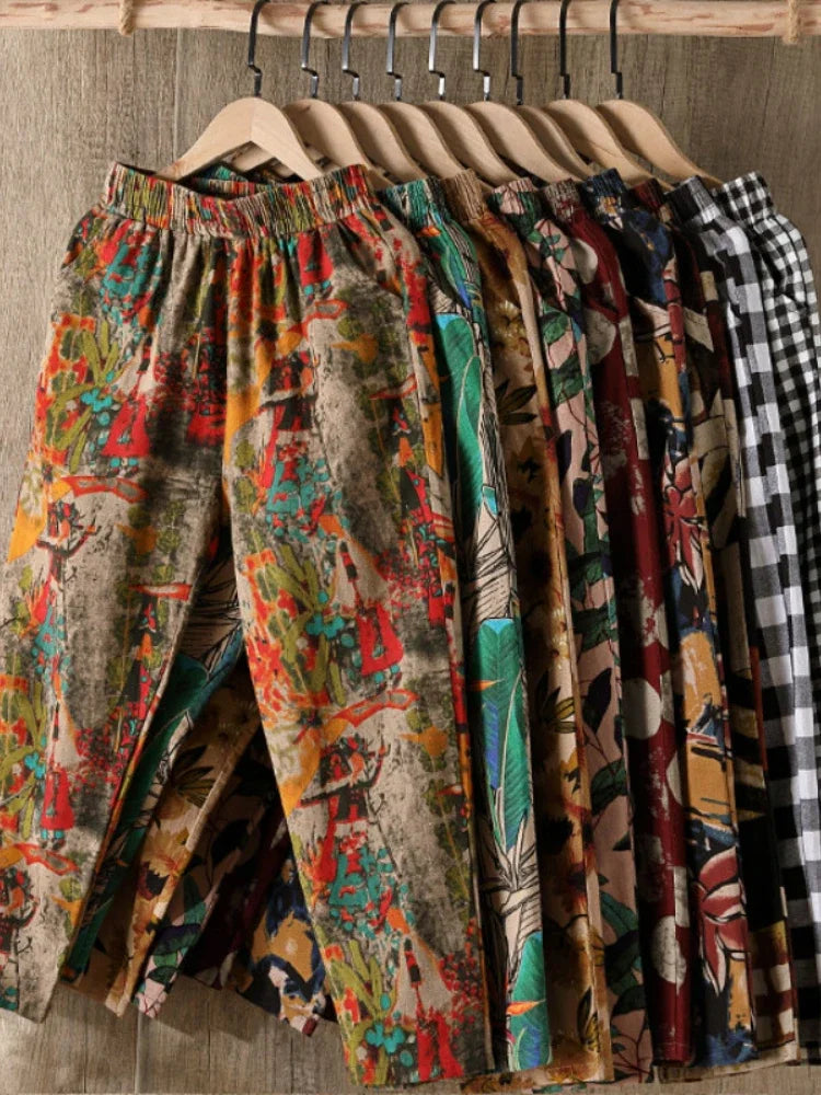 Getadme-Fashion Printed Cotton Linen Harem Pants for Women 2024 Summer Casual High Waist Calf-Length Loose Trousers Female Streetwear