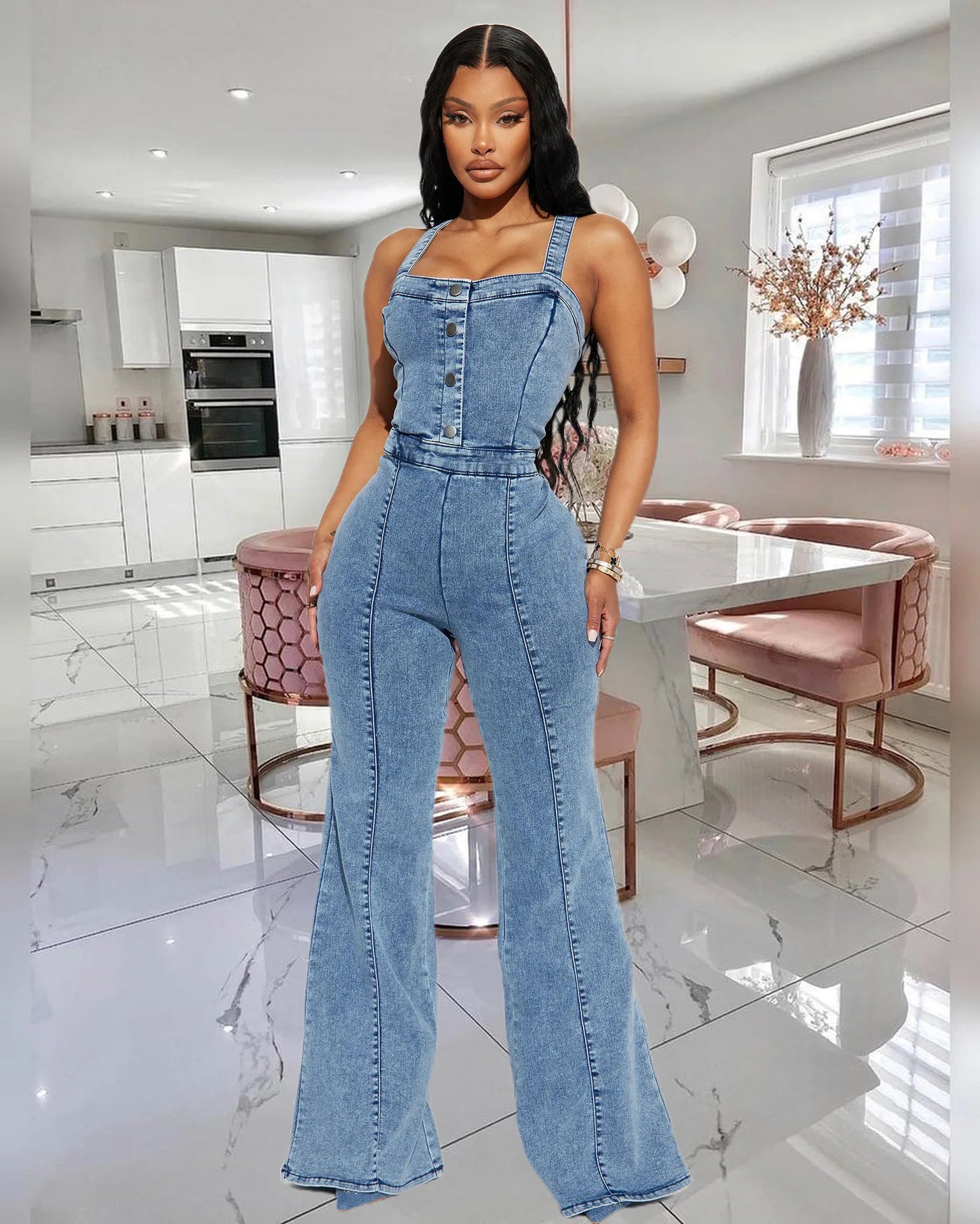 GETADME Women Jeans Rompers Sexy Overalls Jumpsuits Square Collar One Piece Solid Flare Pants Ankle Length Baics Spliced Button