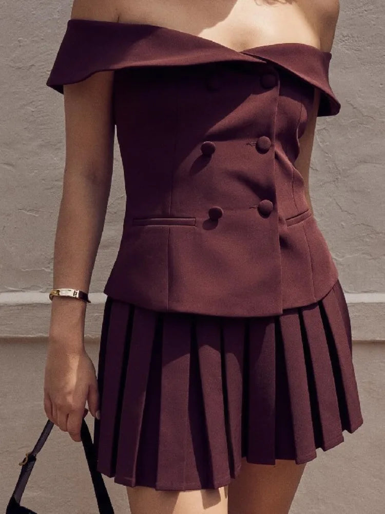 Getadme- Sexy Skirt Two Piece Set Women Off-shoulder Tops And Pleated Mini Skirt Matching Sets Femme Fashion Two Piece Set