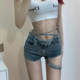 Getadme-2024 New Retro Wash Strappy Denim Shorts Women's Summer New High-waisted Slim Wide-legged Bodycon Jeans Hot Pants