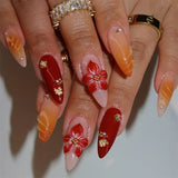 GETADME 24PCS Retro Almond False Nail with 3D Flower Leopard Print French Fake Nail Art Fashionable Wearable Finished Press on Nail Tips