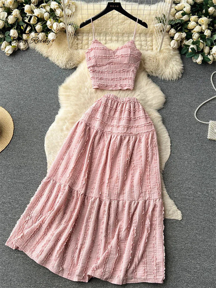 Sexy Camisole+A Line Long Skirt Fashion Elastic Bohemian Suits  Summer Lace Patchwork Beach Two Pieces Sets Women