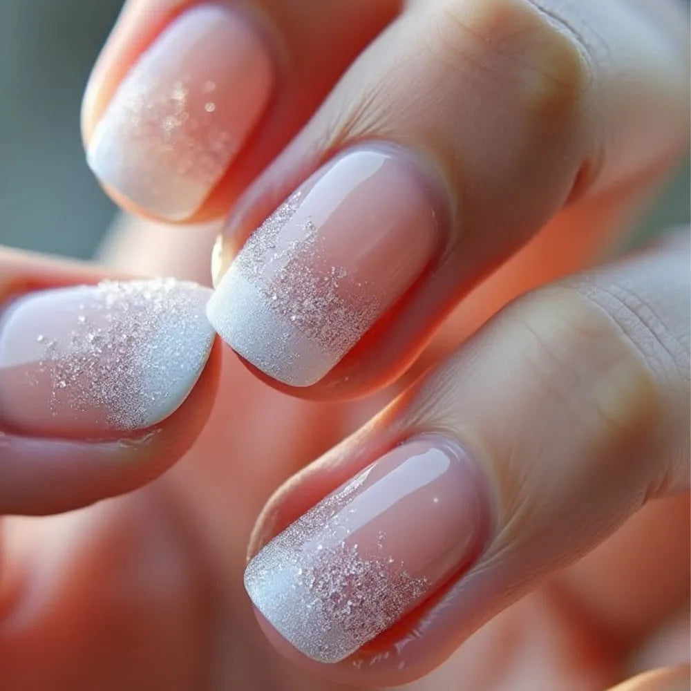 GETADME 24Pcs Short Square Coffin False Nails Square Fake Nails with Glue French Glitter Wearable Acrylic Nails Set Press on Nail Tips