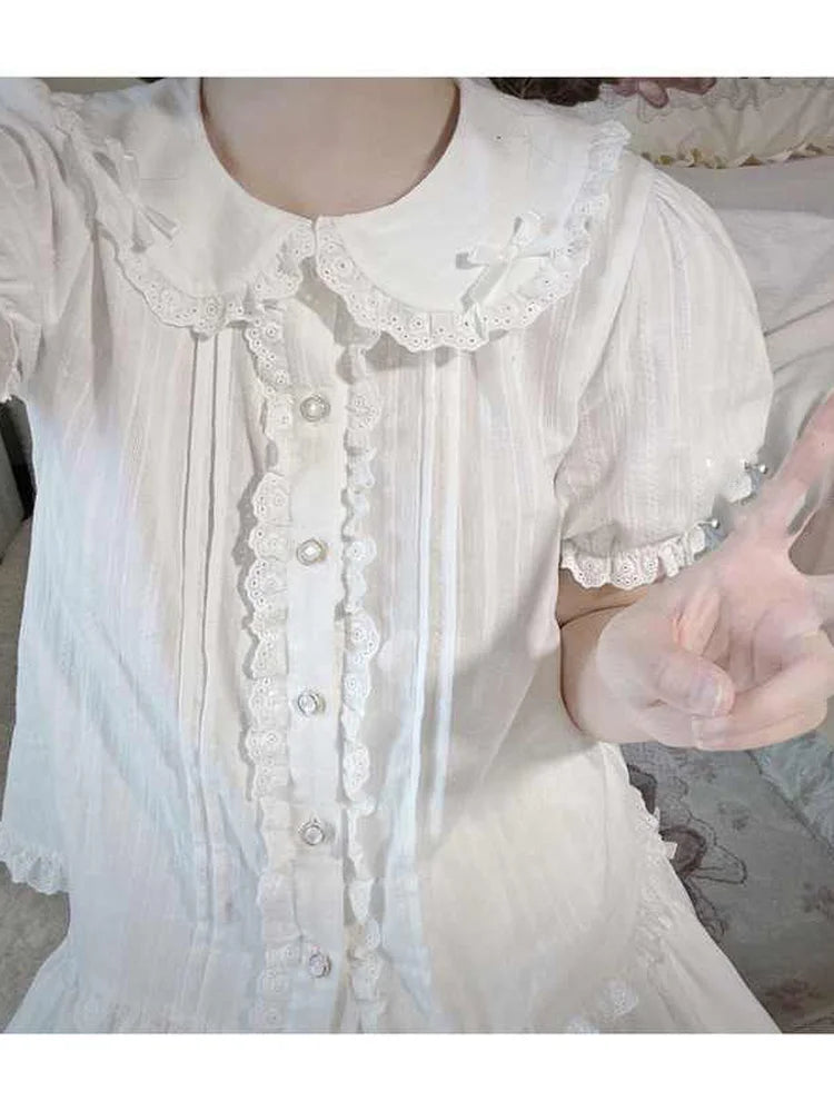 Getadme-2024 Summer Jk Shirts Women Kawaii Peter Pan Collar Japanese Style Lolita White Lace Mesh Blouse Student Top Daily Sweet Fashion
