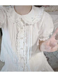 Getadme-2024 Summer Jk Shirts Women Kawaii Peter Pan Collar Japanese Style Lolita White Lace Mesh Blouse Student Top Daily Sweet Fashion
