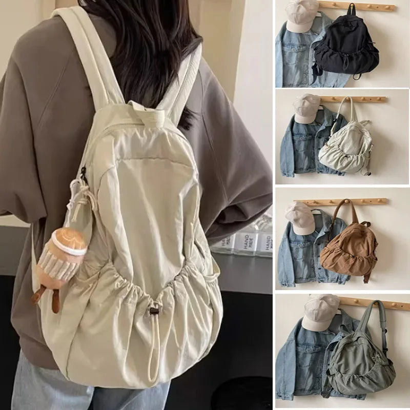 GETADME Casual Backpack Women Large Capacity Fashion Junior High School Student Pleat Schoolbag Cloth Bag Korean Travel Backpack
