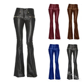 Getadme-New Women Leather Pants Punk Rock Sexy Bandage Motorcycle Leather Pants Tight High-waist Lace Up Bodycon Flare Trousers