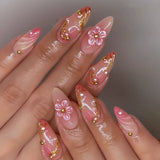 GETADME 24Pcs Mid-length 3D Flowers Design Fingertips Sweet Butterfly Yellow Ripple Almond False Nails Detachable Full Cover Press Ons