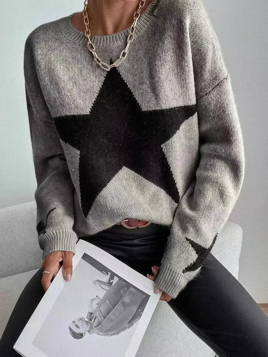 Knitted Women's Sweater Loose Casual O-neck Star Thick Casual Pullover Female Jumper Elegant Winter Autumn Trendy Sweater