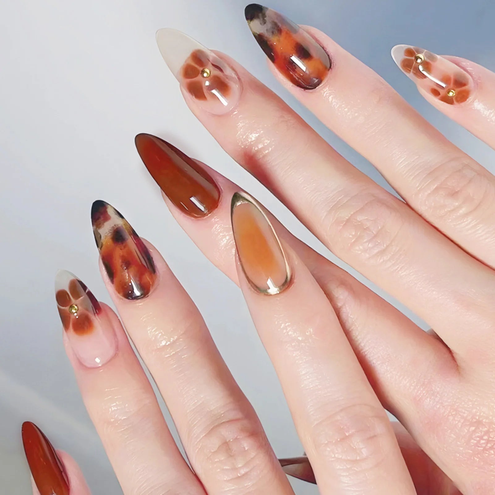 GETADME 24pcs Brown French Leopard Print Press On Nails Stereo Pink Flower Designs Autumn False Nails Sweet Cool Almond Fake Nail Tips