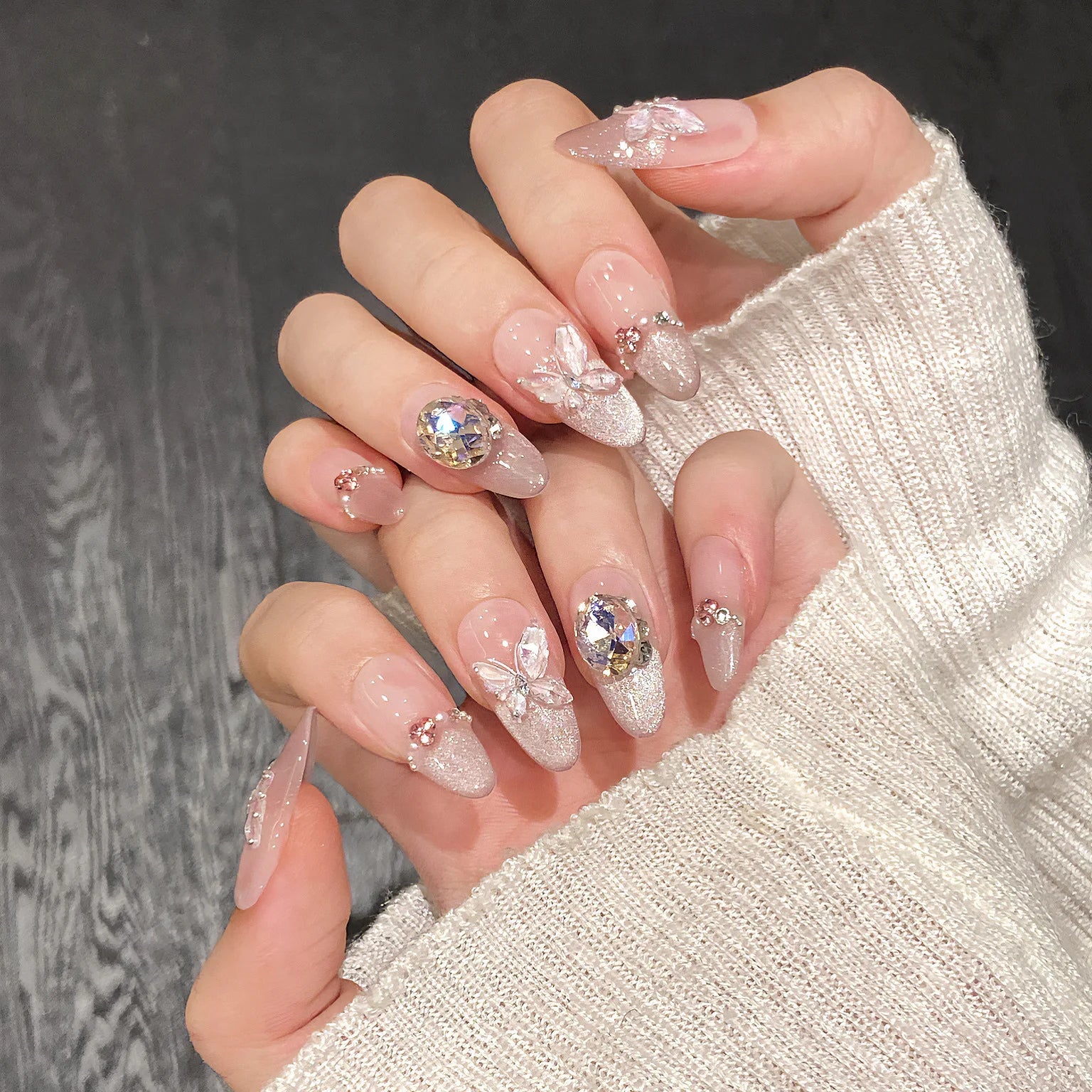 GETADME 10Pcs Reuse Finished Fake Nails with Butterfly Deisgn Pink Cat's Eye French Handmade Press on False Nails Wearable Nail Art Tips