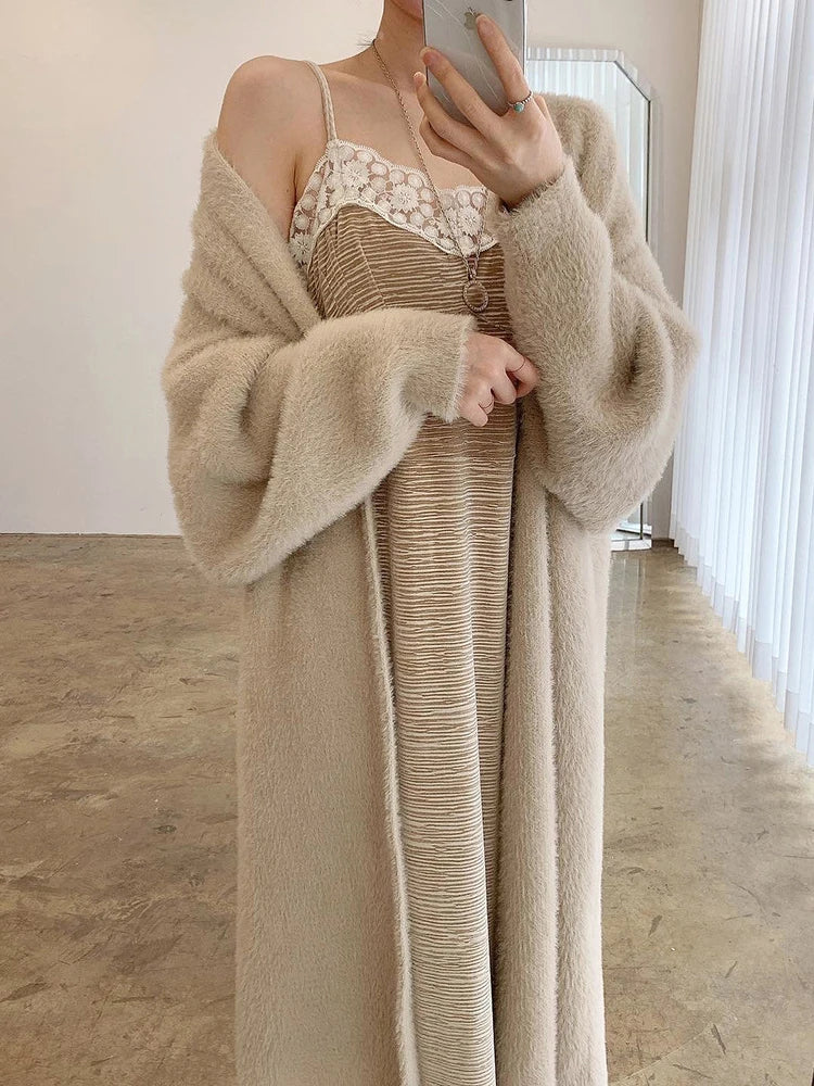 Getadme Fluffy Long Cardigan Woman Autumn Winter Knitted Sweater Female Elegant Fashion Midi Knitwear Coat Ladies Sweet Loose Cardigans