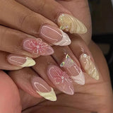 GETADME 24Pcs Mid-length 3D Flowers Design Fingertips Sweet Butterfly Yellow Ripple Almond False Nails Detachable Full Cover Press Ons