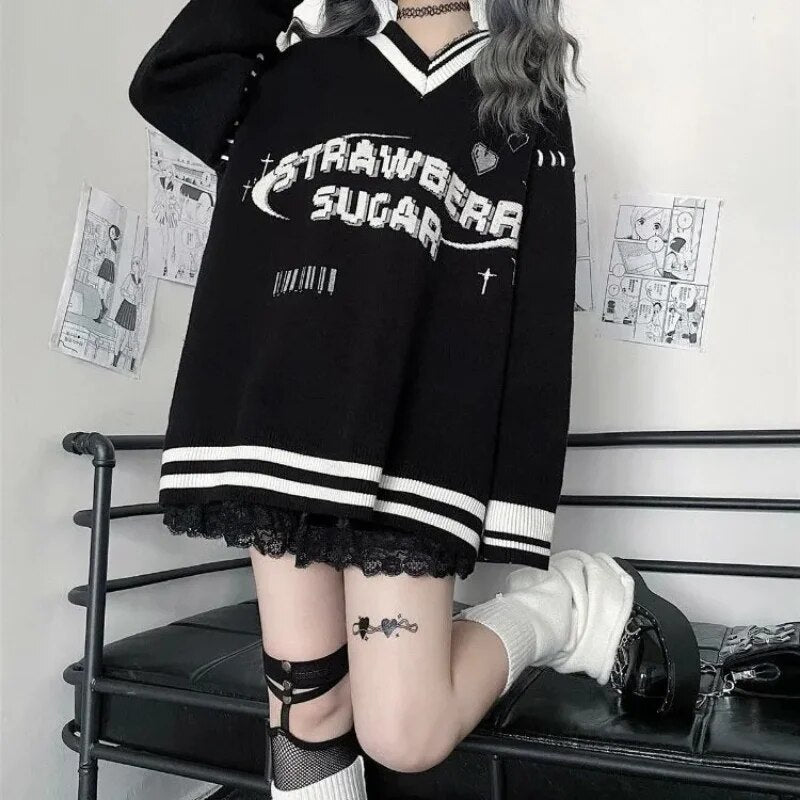 Getadme-Gothic Y2k Letter Black Sweater Women Harajuku Punk Dark Grunge Oversize Knitted Top Japanese Style Jk Jumper Female