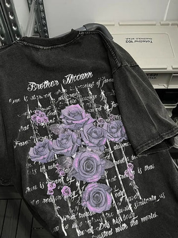 Getadme Purple Rose Romantic Retro Print Plus Size Women T-shirt Street Y2k Loose Trendy Fashion Lady Tops 2025 New Streetwear Clothing