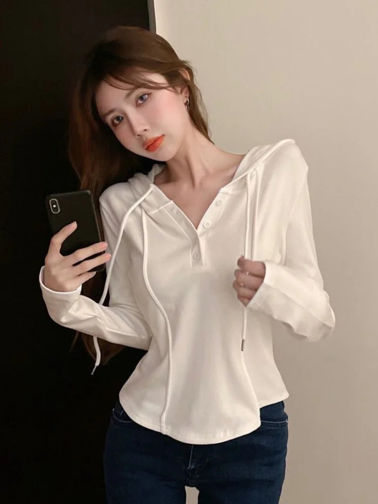 Getadme-Korean Style Slim Crop Hoodies Women Pullovers Kpop Solid Hooded Sweatshirt White Long Sleeve Tops  Autumn Fashion