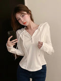 Getadme-Korean Style Slim Crop Hoodies Women Pullovers Kpop Solid Hooded Sweatshirt White Long Sleeve Tops  Autumn Fashion