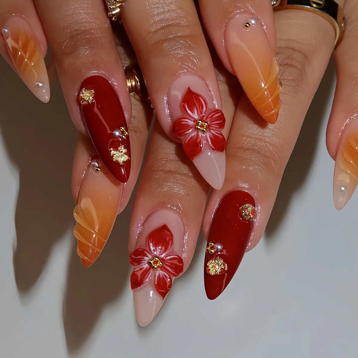 GETADME 24Pcs Mid-length Almond False Nails Press on 3D Flower Design Full Cover Nails Tips Art for Woman Datachable Finished Fake Nails
