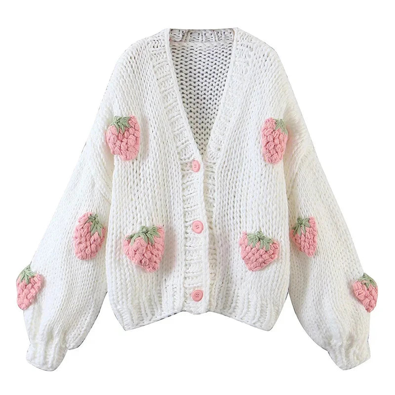 Getadme-Cute Strawberry Women Cardigan Sweater Winter Loose Fashion V Neck Hand 3D Knitting Ladies Jumper Casual Female Coats New