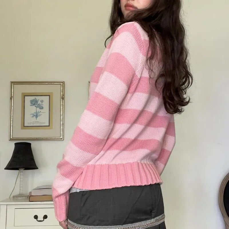 Getadme- Grunge y2k Fairycore Sweater Women Pink Striped Button Down Long Sleeve Cardigan Tops 2000s Aesthetic Knitted Clothes
