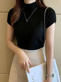 GETADME Women's Half-High Neck T-Shirt Fashion Jumper Casual Tops Korean Style Elegant Solid-Coloured Clothing Spring And Summer Season