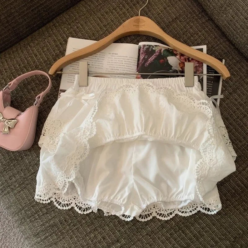 Getadme-Coquette Bow White Mini Skirt Women Kawaii Lace Embroidery Ruffles Layer Patchwork 2024 Summer A-line Skirt with Shorts