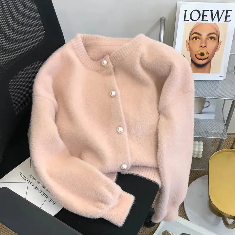 Getadme Korean Simple O-neck Single-breasted Imitation Mink Velvet Knitted Sweater Casual Loose Soft Pearl Buttons Cardigan Women
