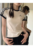GETADME Women's French Sle Stripe Short Sleeve T-shirt Summer Wear Design Sense Gyaru Round Neck Tops Internet Celebri Oversized Tops