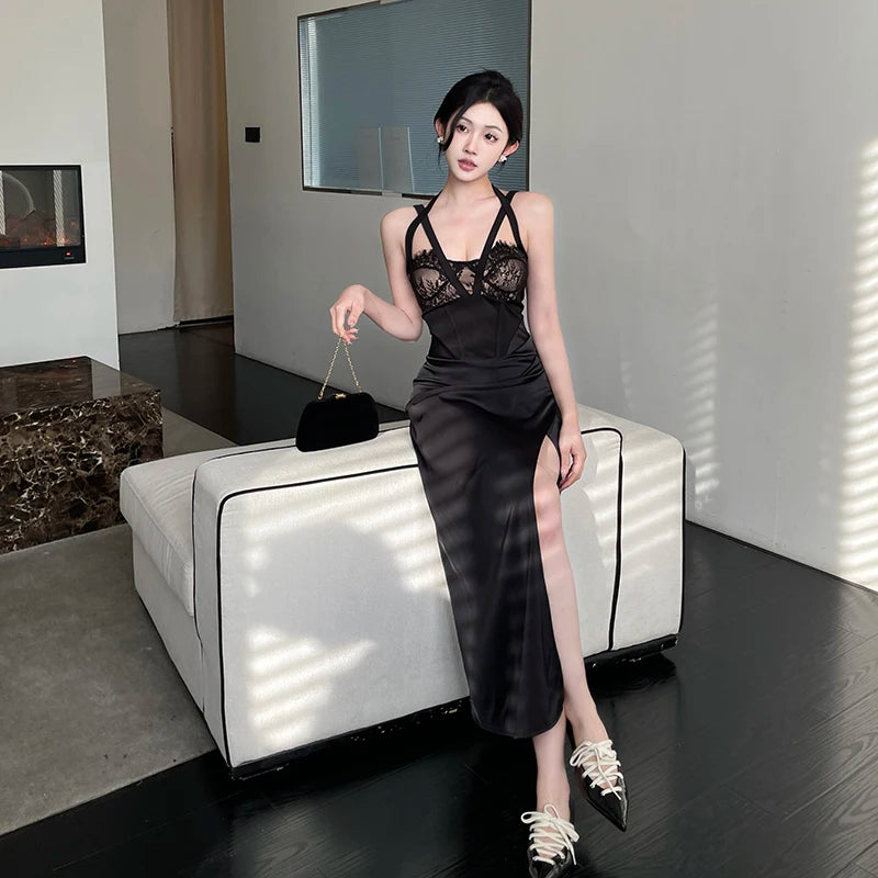 Getadme Women's Long Dresses 2024 Spring New Lace Splicing Slim Imperial Sexy High Split Spice Girl Slim Dresses