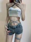 Getadme-2024 New Retro Wash Strappy Denim Shorts Women's Summer New High-waisted Slim Wide-legged Bodycon Jeans Hot Pants