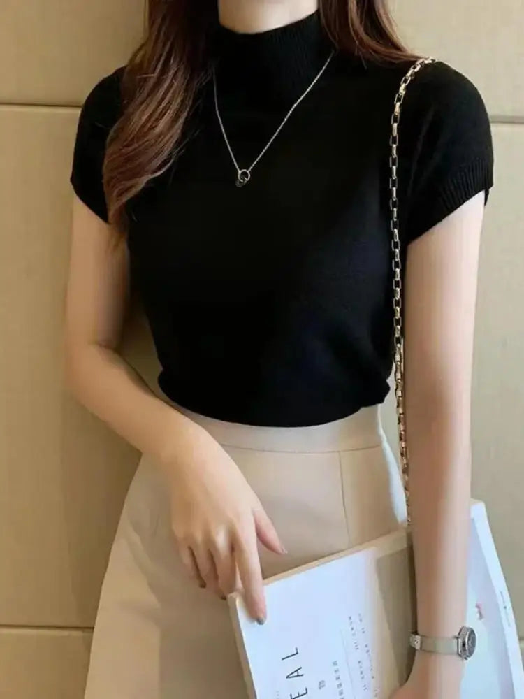 GETADME Women's Half-High Neck T-Shirt Fashion Jumper Casual Tops Korean Style Elegant Solid-Coloured Clothing Spring And Summer Season