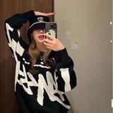 Getadme New Harajuku loose knitted round neck pullover sweater with large letters men and women jacquard trendy retro bottoming shirt