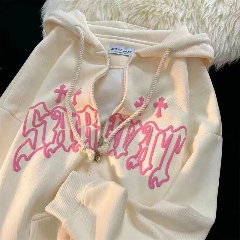 Getadme Goth Embroidery Hoodies Women High Street Harajuku Retro Hip Hop Zip Up Hoodie Loose Man Sweatshirt Hoodie Clothes Y2K Hoodie