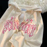 Getadme Goth Embroidery Hoodies Women High Street Harajuku Retro Hip Hop Zip Up Hoodie Loose Man Sweatshirt Hoodie Clothes Y2K Hoodie