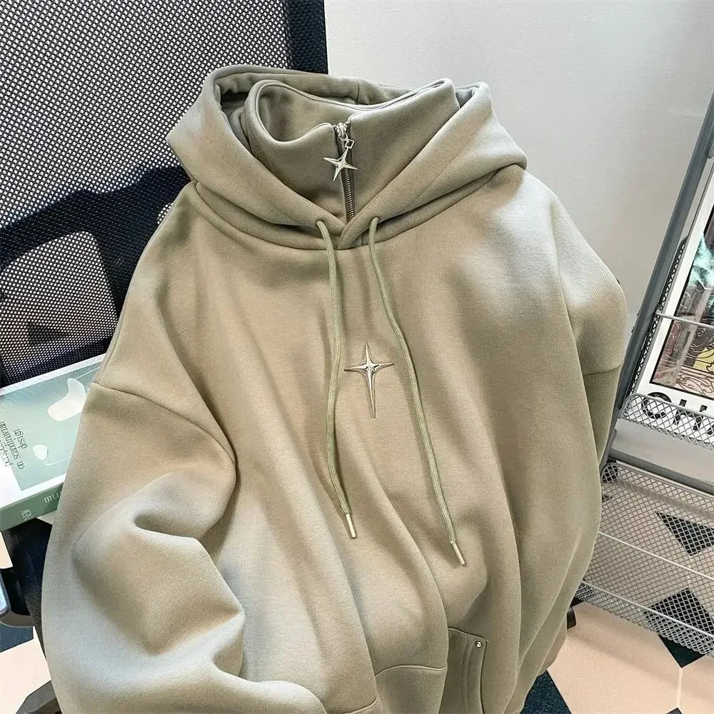 Getadme-American Style Retro Design Sense Four Pointed Star High Collar Hooded Sweater for Men and Women Trend Winter Thick Top Coat