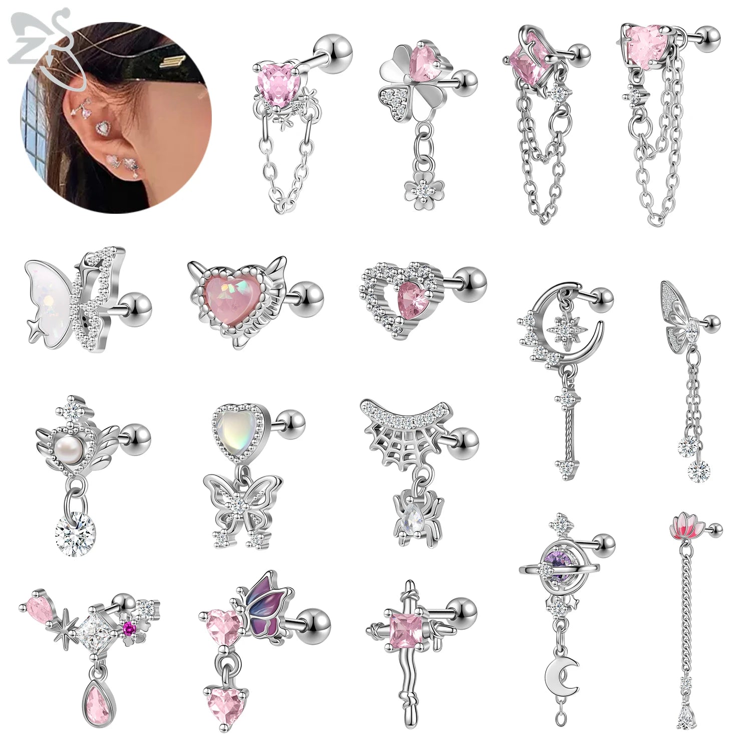 GETADME ZS 1 Piece 20G Cute Heart Stud Earring For Children Women Pink CZ Crystal Earrings Ear Cartilage Helix Conch Piercing Jewelry
