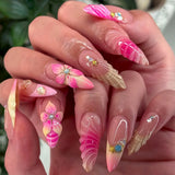 GETADME 24Pcs Mid-length 3D Flowers Design Fingertips Sweet Butterfly Yellow Ripple Almond False Nails Detachable Full Cover Press Ons