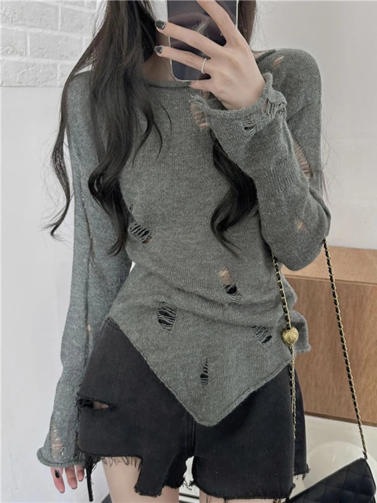 Getadme-Autumn Knitted Sweater Women Sweet Y2k Aesthetic Jumpers Japanese Elegant Casual Split Pullovers Y2k Crop Tops Winter