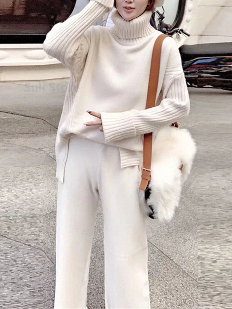 Getadme Sweater Set Warm suit for Women Winter Knitted Suits 2 Piece Set Soild Turtleneck Sweater + Loose Trousers Office Lady Suit