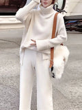 Getadme Sweater Set Warm suit for Women Winter Knitted Suits 2 Piece Set Soild Turtleneck Sweater + Loose Trousers Office Lady Suit