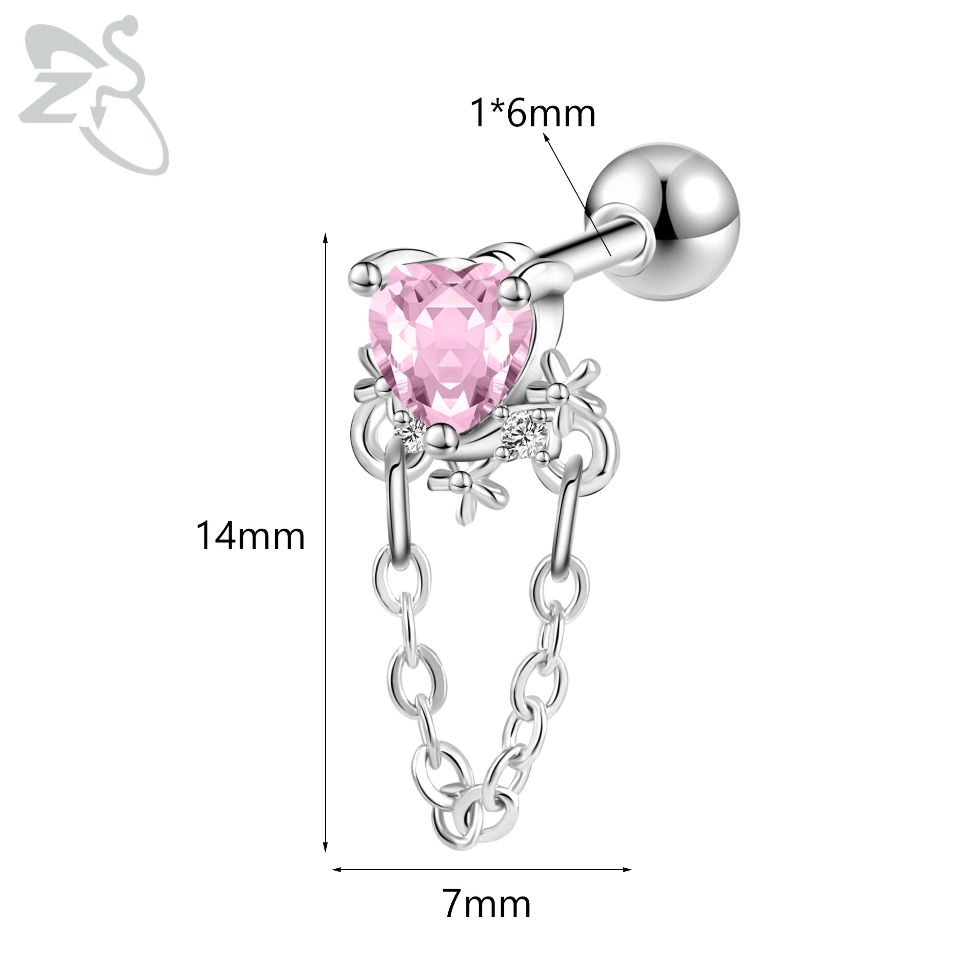 GETADME ZS 1 Piece 20G Cute Heart Stud Earring For Children Women Pink CZ Crystal Earrings Ear Cartilage Helix Conch Piercing Jewelry