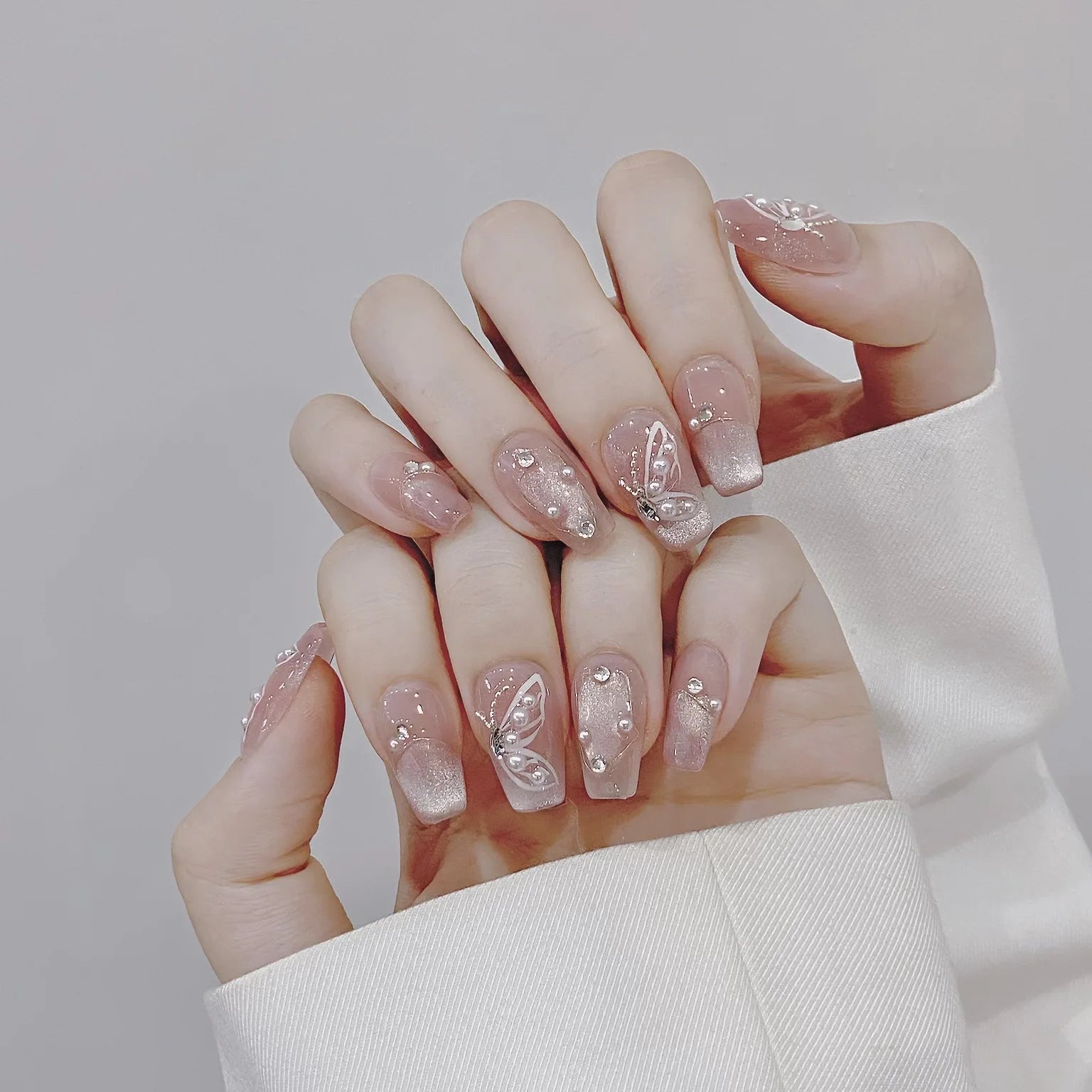 GETADME 10Pcs Reuse Finished Fake Nails with Butterfly Deisgn Pink Cat's Eye French Handmade Press on False Nails Wearable Nail Art Tips