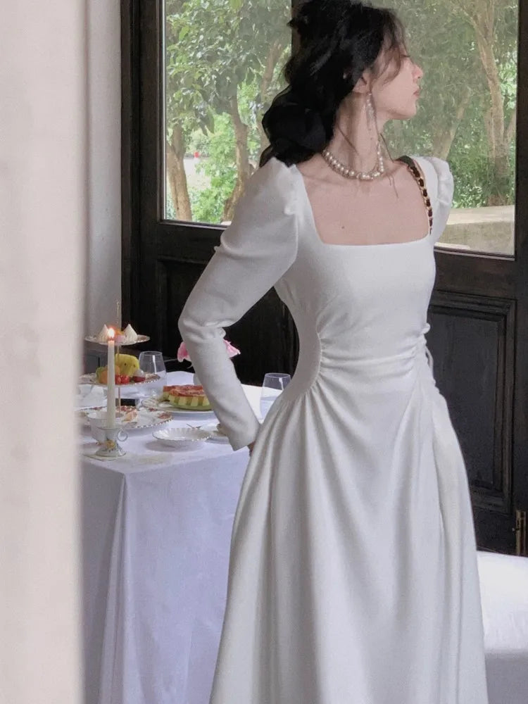 Getadme  Spring New Elegant Square Collar Midi Party Dress  For Women Long Sleeve Black White Slim Vestidos Female Clothes