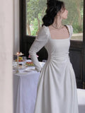 Getadme  Spring New Elegant Square Collar Midi Party Dress  For Women Long Sleeve Black White Slim Vestidos Female Clothes
