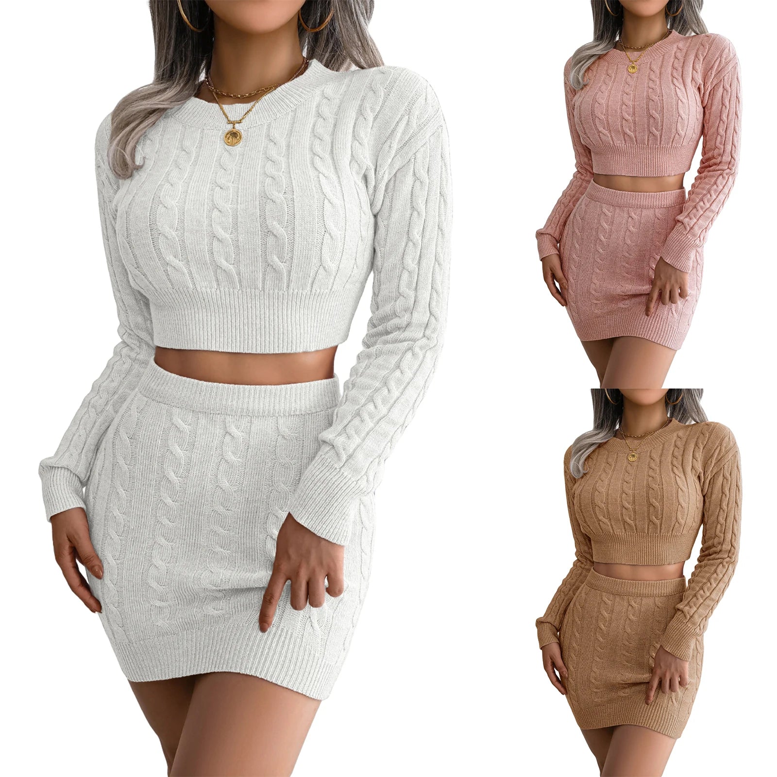 Women Fall 2 Pieces Outfits Solid Color Twist Knitted Round Neck Long Sleeve Cropped Sweater Wrapped Hip Mini Skirts Clothes Set