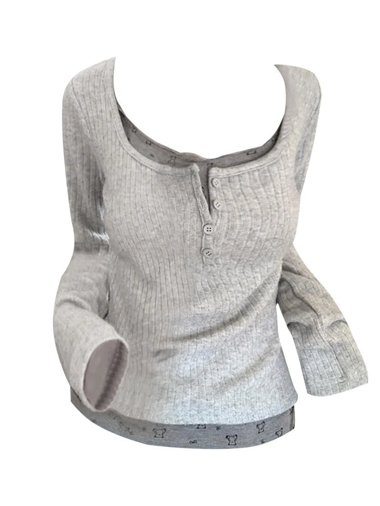 Getadme-Autumn Women Korean Fashion Long Sleeve Cute Core Two Piece Sets T-Shirts 2000s Aesthetic Tees Gyaru Kawaii Sexy Tops Romantic