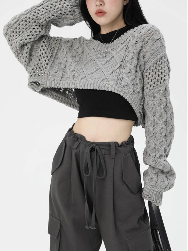 Getadme Early Autumn Hollow Out Short Jumper O-neck Long Sleeve Casual Sweaters Women Fashion Harajuku Solid Pullovers Femme Y2k Top